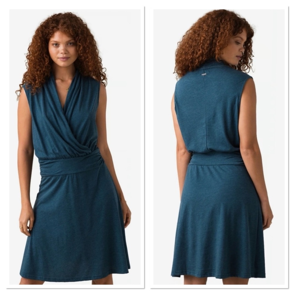 PRANA Organic Cotton Wrap Corissa Dress Teal Athletic Stretchy Medium 8 10 India